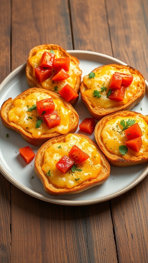 Cheesy Toast Jumper Recipe Cheesy toast jumpers topped with tomatoes and herbs on a rustic plate.